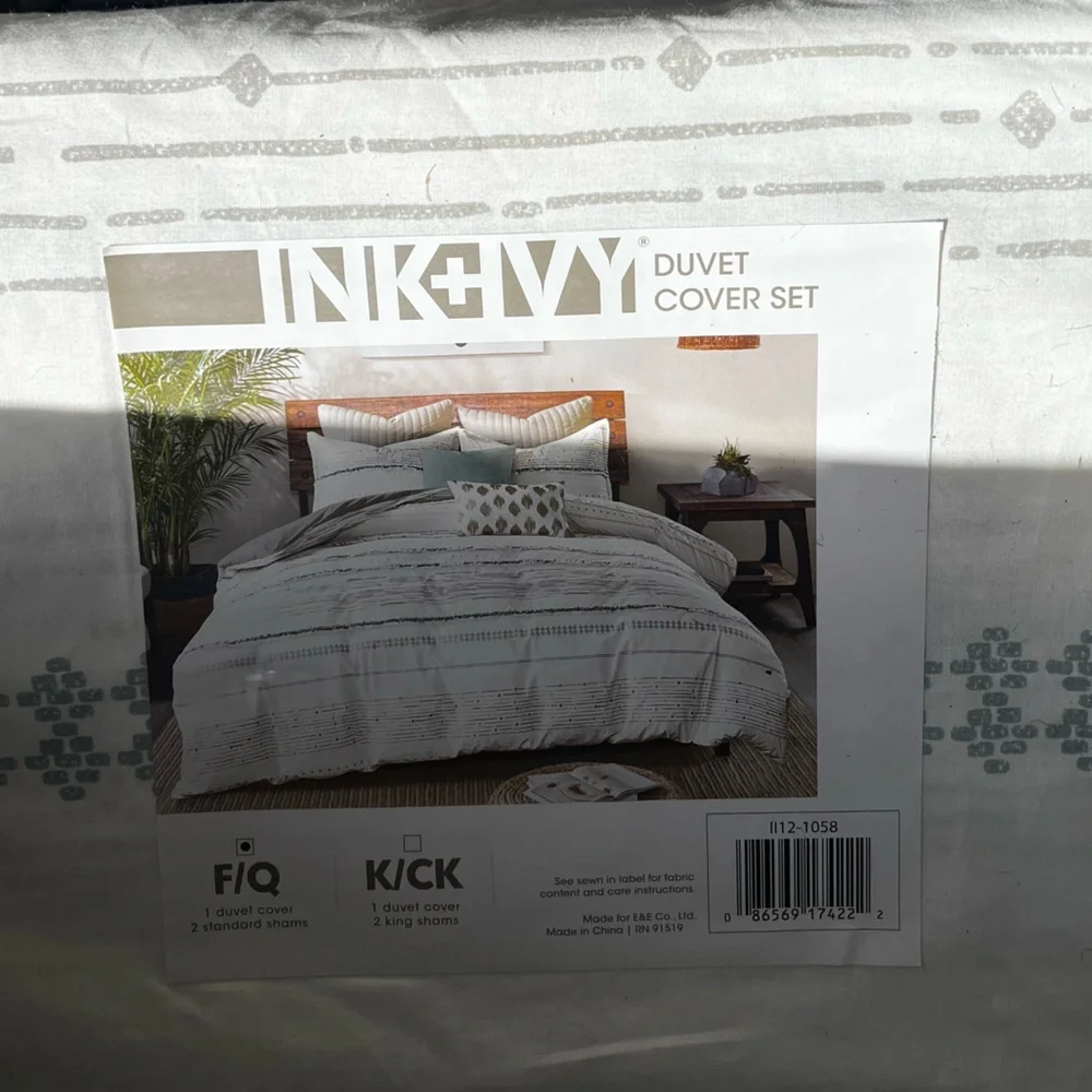 INK + IVY NWT new cotton printed duvet cover set -gray/ivory -full/queen